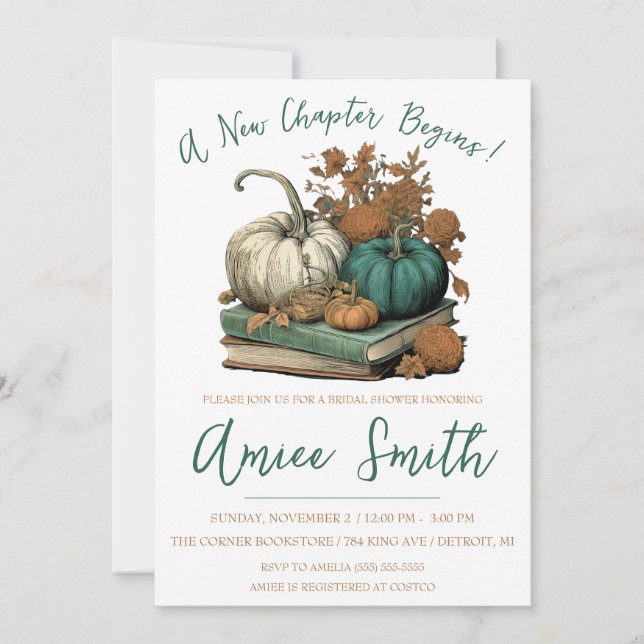A New Chapter Begins! Autumn Pumpkin Bridal Shower Einladung (Vorderseite)