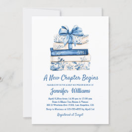 a new chapter begins blue bow books baby shower  einladung