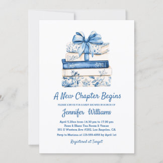 a new chapter begins blue bow books baby shower  einladung