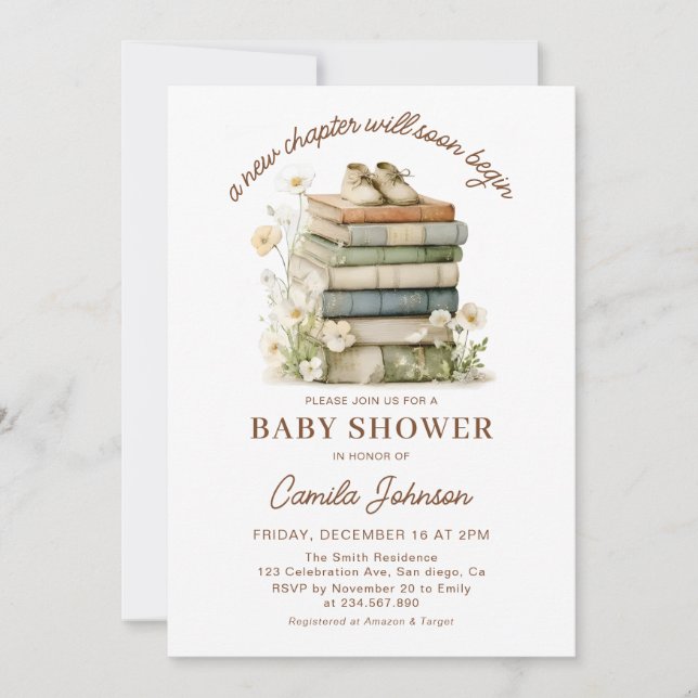 A New Chapter Begins Books Baby Shower Invitation Einladung (Vorderseite)
