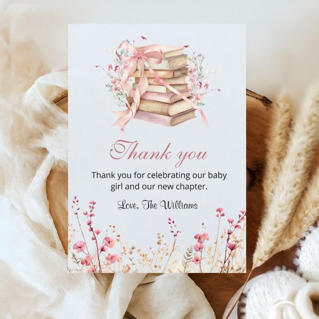 A New Chapter Begins Coquette Books Baby Shower Dankeskarte (A new chapter begins Pink Coquette bow baby shower Thank you card)