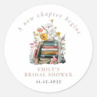 A New Chapter Begins Floral Books Bridal Shower Runder Aufkleber