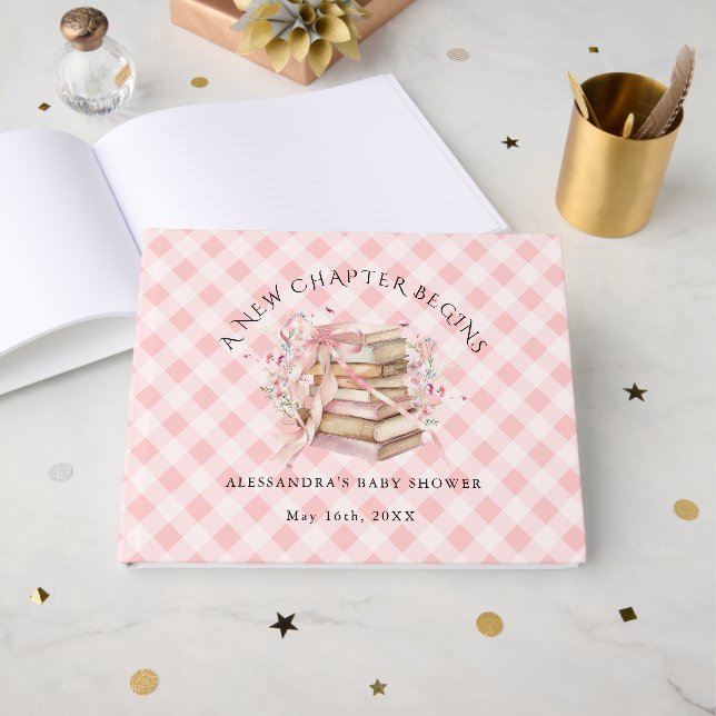 A New Chapter Begins Pink Bow Books Baby Shower Gästebuch (Vorderseite Offen)