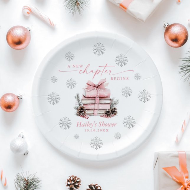 A New Chapter Begins, Pink Bow Winter Baby Shower Pappteller (Von Creator hochgeladen)