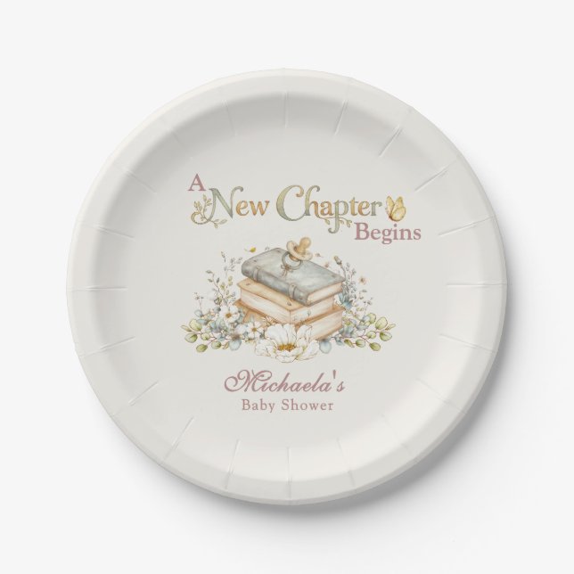 A New Chapter Begins Rustic Book Theme Baby Shower Pappteller (Vorderseite)