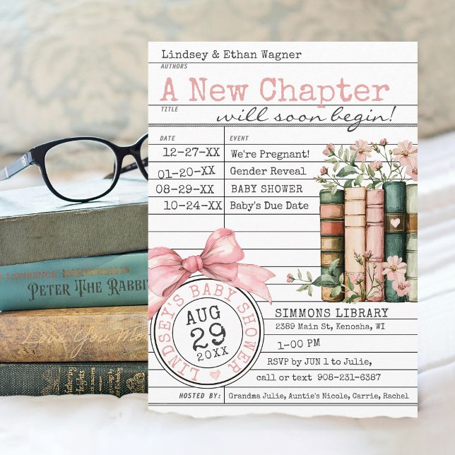 A New Chapter Library Card Books Pink Baby Shower Einladung (A New Chapter floral books wildflower pink bows library card cute modern baby girl shower invitation)