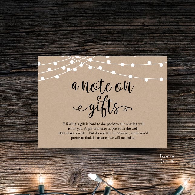 A Note On Gifts, Rustic Wedding Begleitkarte (A Note On Gifts, Rustic Wedding Enclosure Card brown Kraft String Lights Honeymoon Fund, Cash)