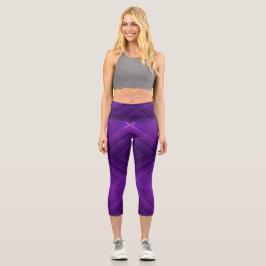 A person wearing purple geometric-patterned  capri leggings