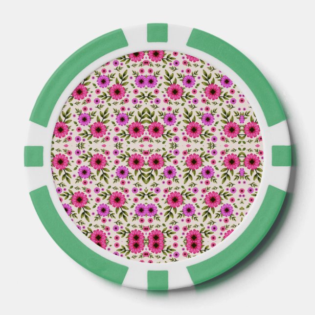 A poker chip with a floral pattern in pink  (Vorderseite)