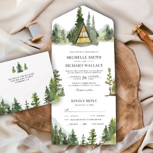 A-Rahmen-Hütten-Lodge-Rustikal-Bergwald-Hochzeit All In One Einladung