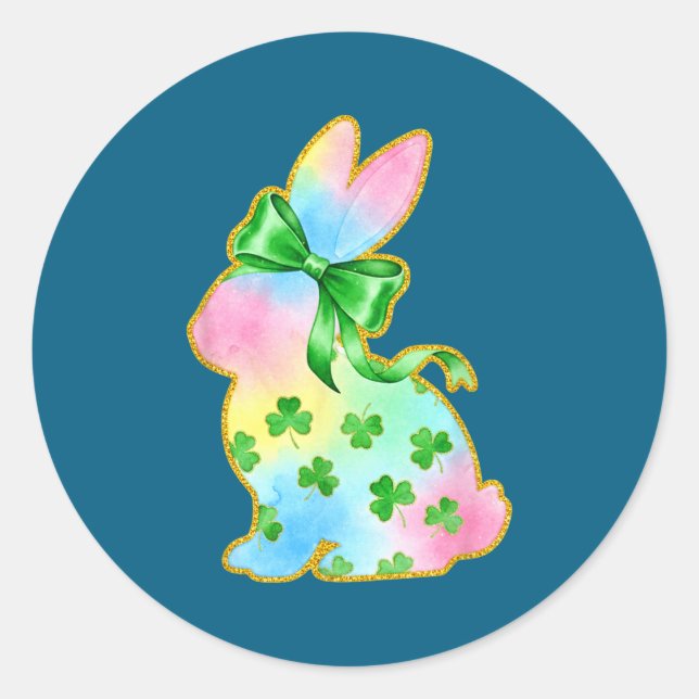 A Rainbow Rabbit With Green Bow And Shamrock St Pa Runder Aufkleber (Vorderseite)