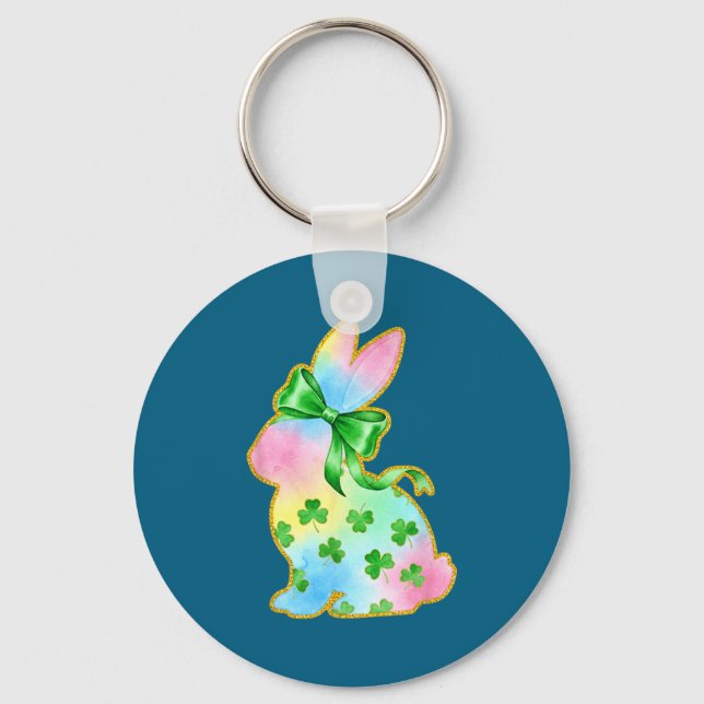 A Rainbow Rabbit With Green Bow And Shamrock St Pa Schlüsselanhänger (Vorderseite)