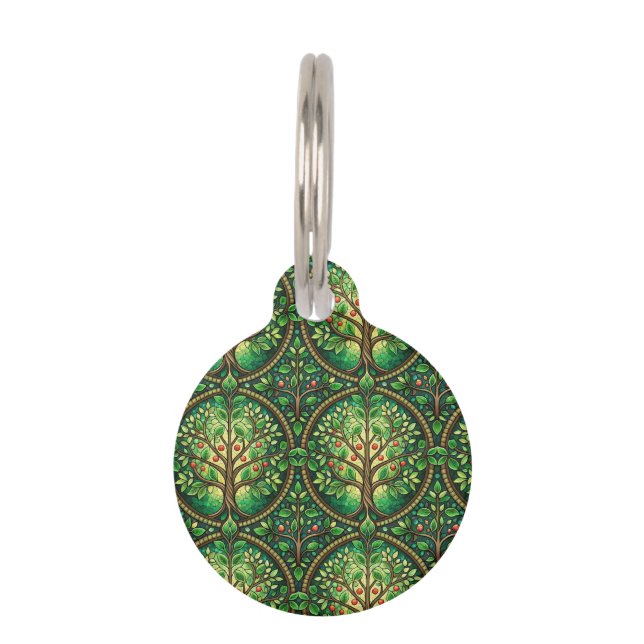 A round keychain with a green, tree-patterned  haustiermarke (Vorderseite)