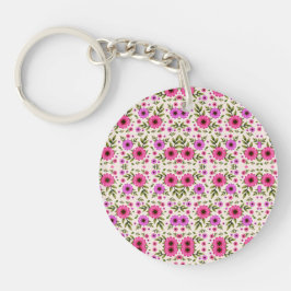 A round keychain with a vibrant pink and green  schlüsselanhänger