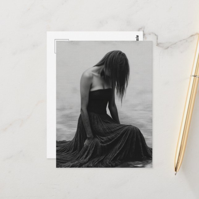 A Sad Woman in the Water Black and White Postkarte (Vorderseite/Rückseite Beispiel)