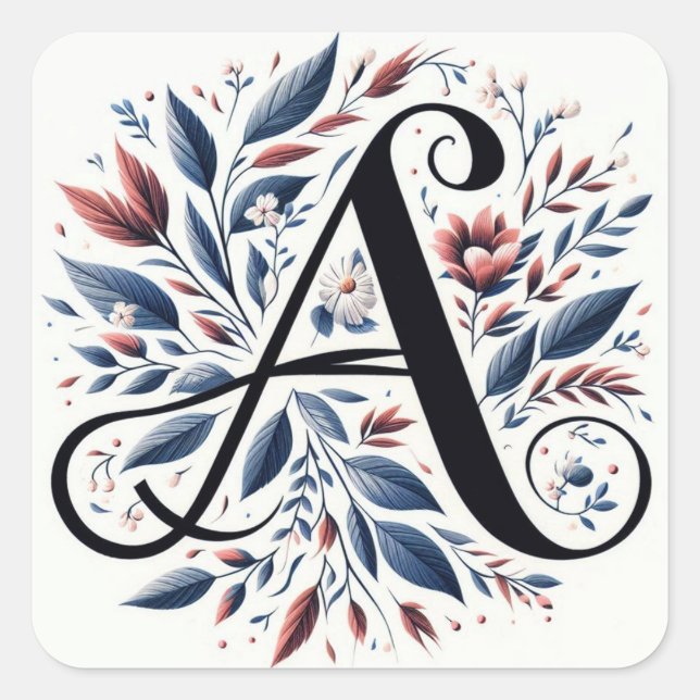 "A" Schriftart,  Blume Design Quadratischer Aufkleber (Vorderseite)