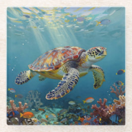 A Sea Turtle and Sun Rays in the Ocean Blue Glasuntersetzer