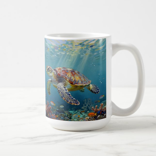 A Sea Turtle and Sun Rays in the Ocean Blue Kaffeetasse (Rechts)