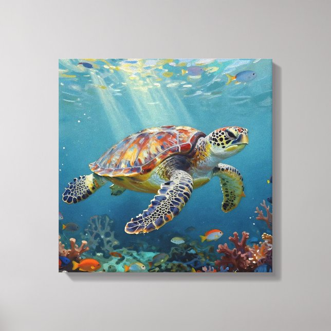 A Sea Turtle and Sun Rays in the Ocean Blue Leinwanddruck (Vorderseite)