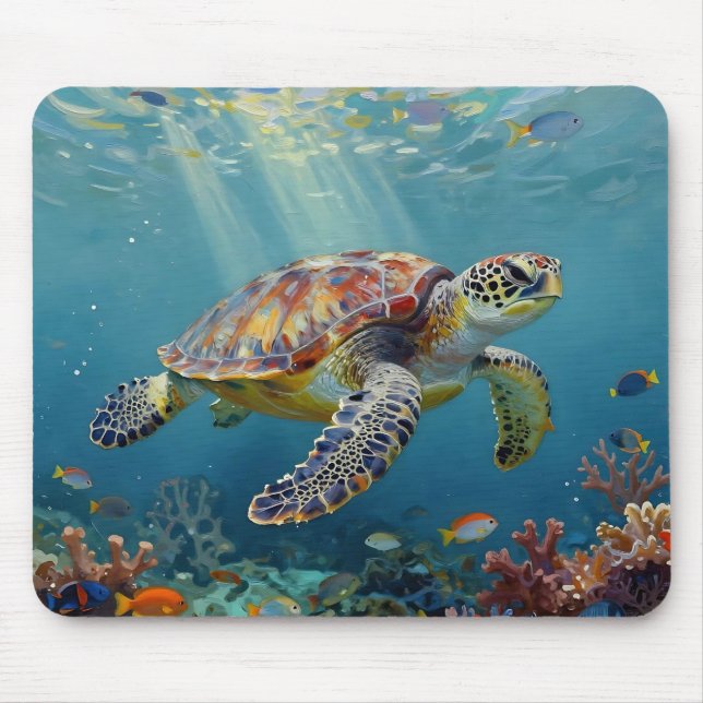 A Sea Turtle and Sun Rays in the Ocean Blue Mousepad (Vorne)
