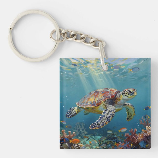 A Sea Turtle and Sun Rays in the Ocean Blue Schlüsselanhänger (Vorderseite)