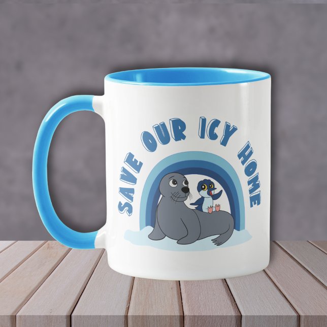 A seal and a penguin "Save Our Icy World" cartoon Tasse (Von Creator hochgeladen)