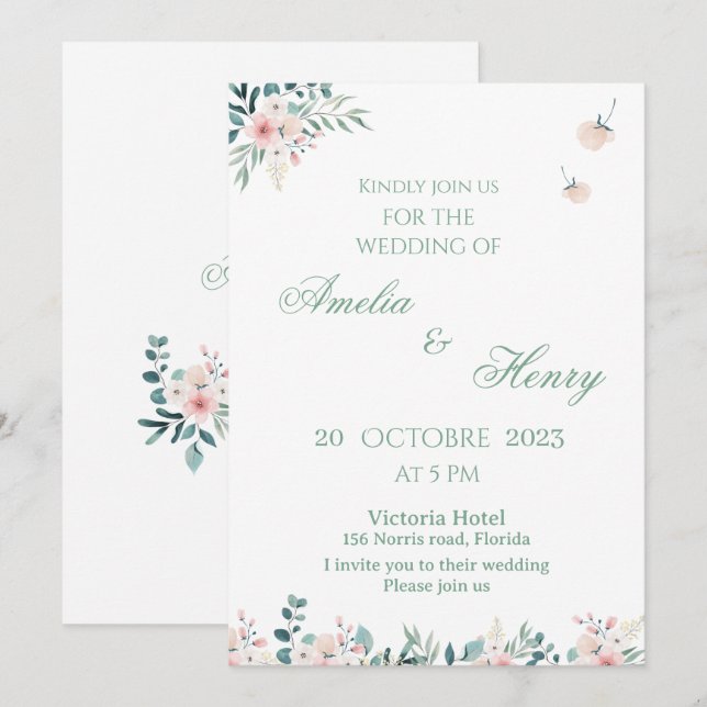A simple watercolor wedding invitation card einladung (Vorne/Hinten)