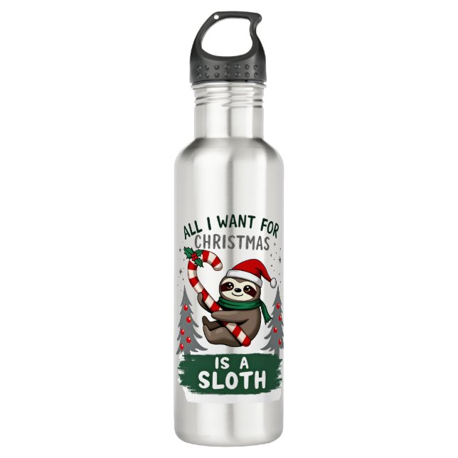 A Sloth For Christmas. Cute, Christmas Sloth With  Edelstahlflasche (Vorderseite)