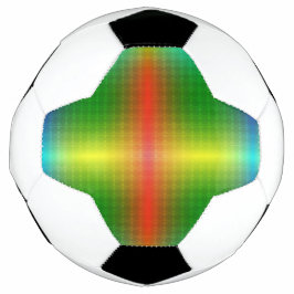A soccer ball features a colorful geometric 