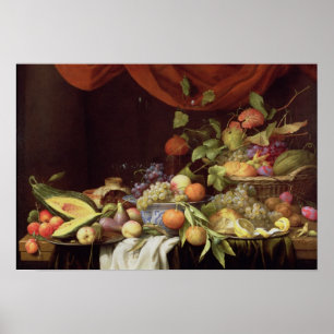 A Still Life of Fruit on a Draped Ledge Poster