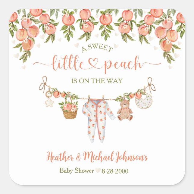 A Sweet Little Peach Clothesline Baby Shower Quadratischer Aufkleber (Vorderseite)