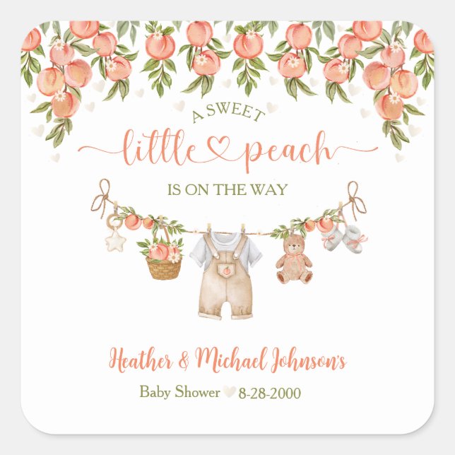 A Sweet Little Peach Clothesline Boy Baby Shower Quadratischer Aufkleber (Vorderseite)