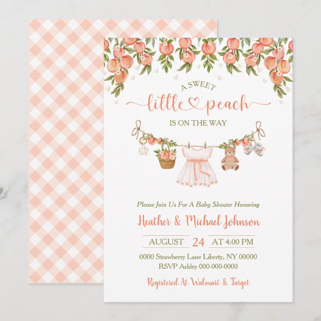 A Sweet Little Peach Clothesline Girl Baby Shower Einladung (Vorne/Hinten)