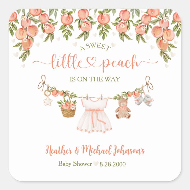 A Sweet Little Peach Clothesline Girl Baby Shower Quadratischer Aufkleber (Vorderseite)