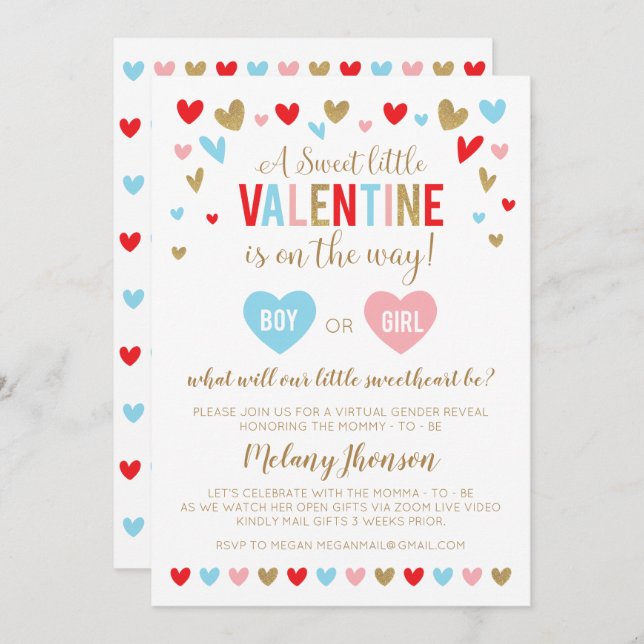 A Sweet little VALENTINE Gender Reveal Einladung (Vorne/Hinten)