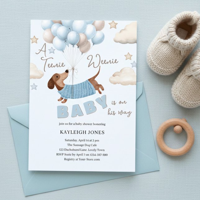 A Teenie Weenie Cute Dachshund Boy Baby Shower Einladung (Teenie Weenie Blue & Beige Baby Shower Invitation with Dachshund Puppy and Balloons )