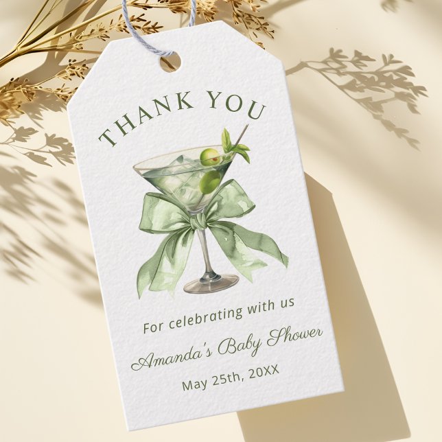 A tini One Coquette Martini Baby Shower Thank you Geschenkanhänger (A tini one is on the way Coquette Bow Martini Baby shower Thank you tag)