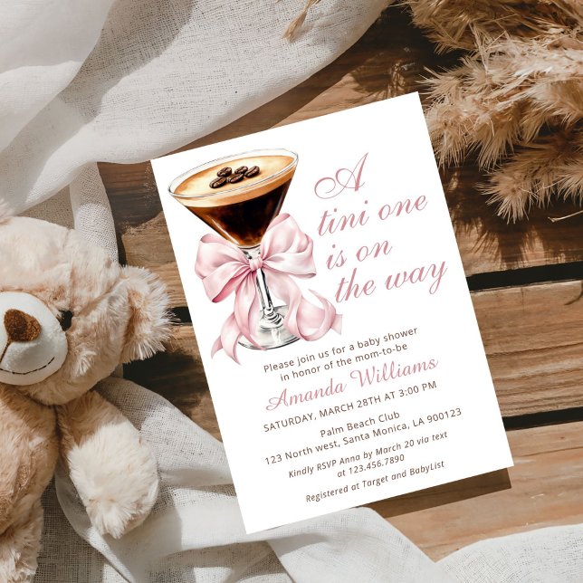 A Tini One Espresso Martini Baby Shower Invitation Einladung (A tini One Espresso Martini Pink Bow Baby Shower Invitation)