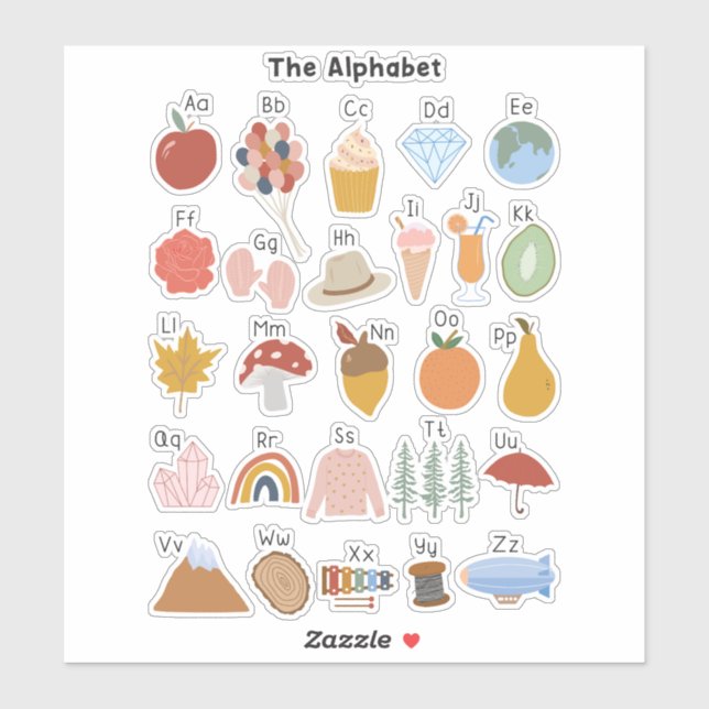 A to Z Alphabet mit Bildern Kinder Aufkleber (Blatt)