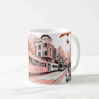 A tram in a retro illustration style, reminiscent kaffeetasse