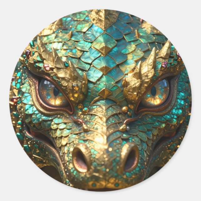A Turquoise and Gold Dragon Mystical Runder Aufkleber (Vorderseite)