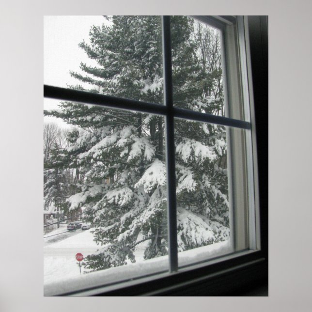 A View from Window of Snow Covered Evergreen Poster (Vorne)