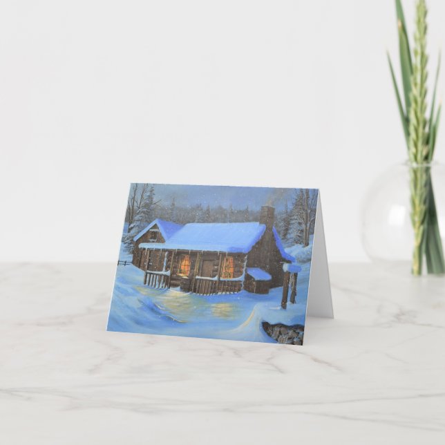 "A Warm Home" Log cabin Christmas card Feiertagskarte (Vorderseite)
