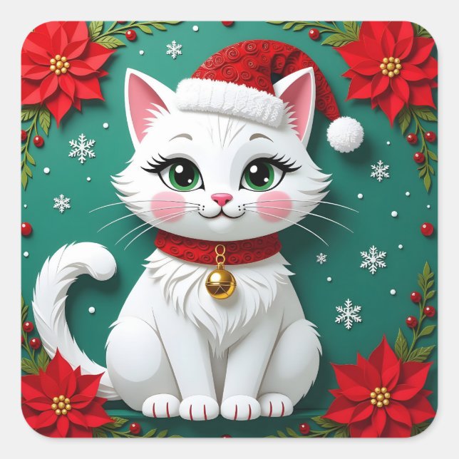 A White Festive Cat with a Christmas Background Quadratischer Aufkleber (Vorderseite)