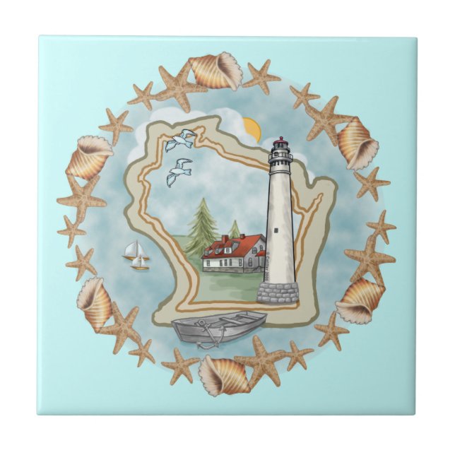 A Wisconsin Muscheln Leuchtturm Tile Fliese (Vorderseite)