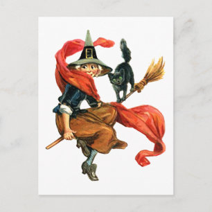 A Witch Flies on Her Broom with her Black Cat Postkarte