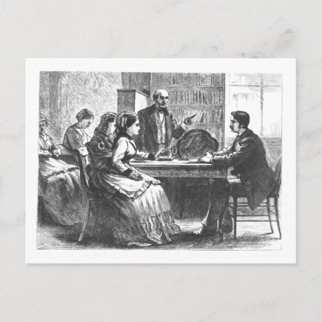 A woman negotiates with a factory manager, assist postkarte (Vorderseite)