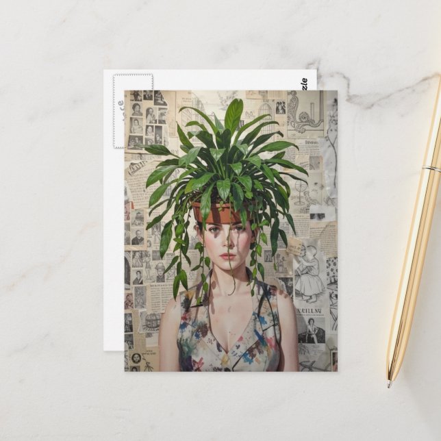 A Woman with  Houseplant on her Head Collage Postkarte (Vorderseite/Rückseite Beispiel)