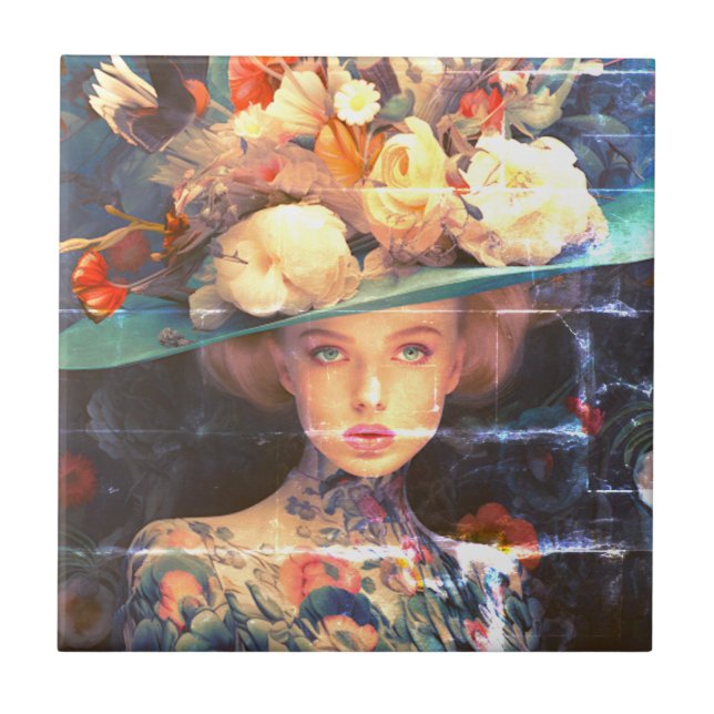 A Young Woman With a Tattooed Body and Bold Hat Fliese (Vorderseite)