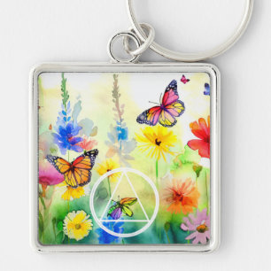 AA-Symbol Schmetterlinge und Blumen Genesung Schlüsselanhänger
